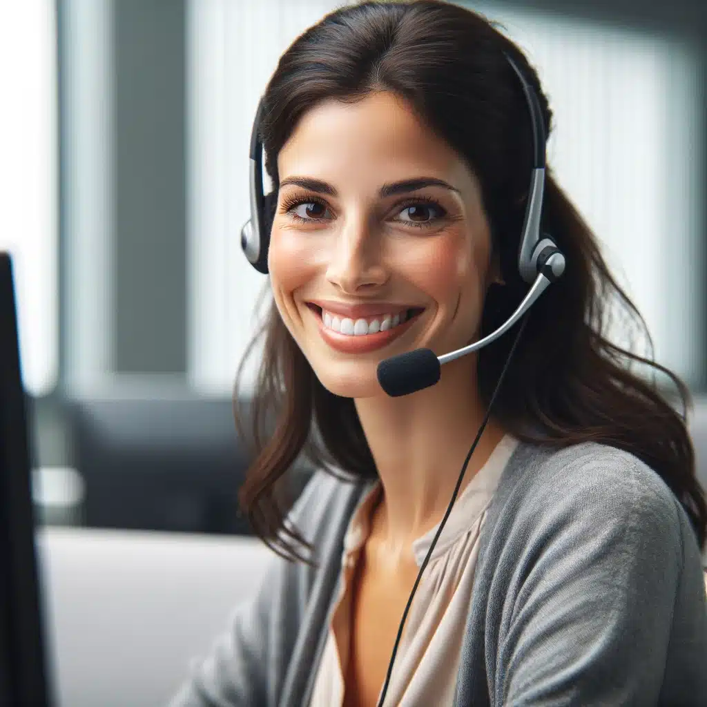 DALL·E 2024-04-03 16.07.28 - A brunette woman in her 30s, smiling while working in customer support. She is wearing a headset and sitting in front of a computer in an office envir